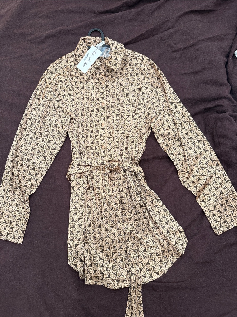 12th Tribe Beige Printed Long-Sleeve Shirt Dress with Belt